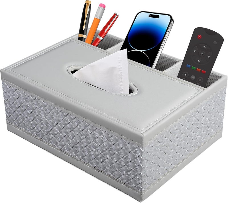 XNONE Tissue Box Cover Rectangle White Kleenex Box Holder PU Leather Facial Tissue Organizer,Multifunctional Remote Control Stationery Storage Box,Home Office Supplies Car Napkin Caddy - Image 1